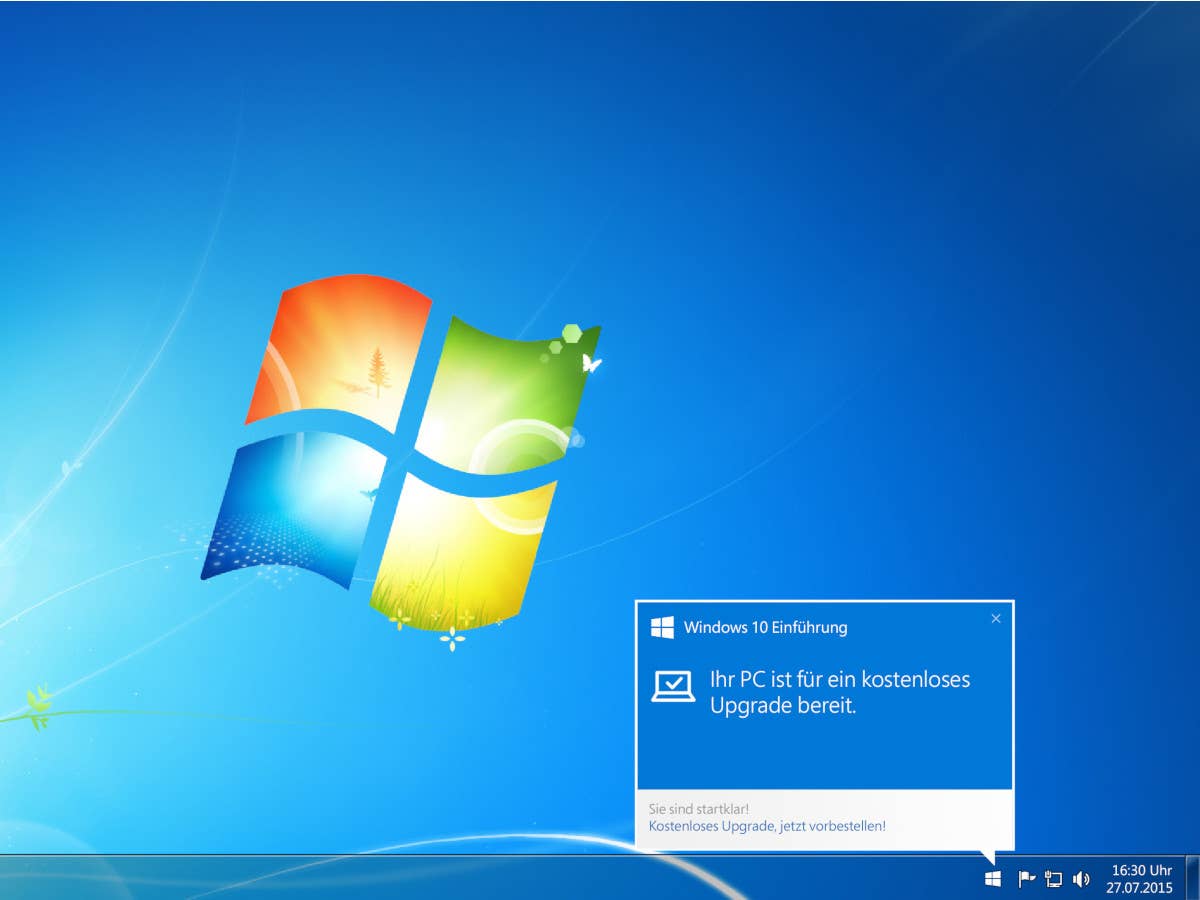Windows 7 weist auf Windows 10 hin