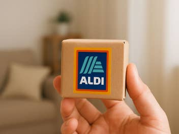 Winziges Aldi-Paket wird von einer Person in die Kamera gehalten