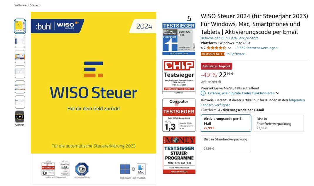 WISO Steuer 2024 bei Amazon