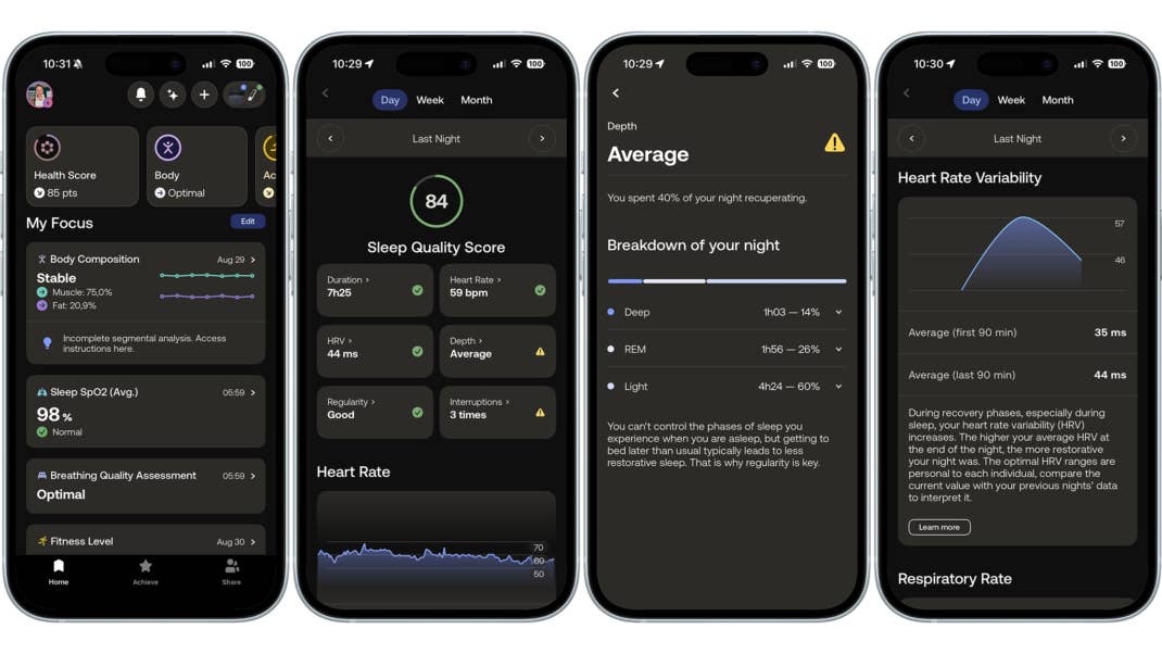 Withings-App mit Körperzusammensetzung, Schlafqualität, Schlafphasen und Herzfrequenzvariabilität.
