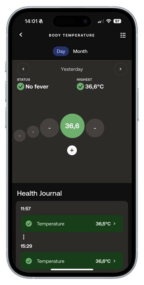 Du kannst den Verlauf deiner Körpertemperatur jederzeit in der Withings-App einsehen