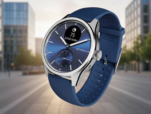 Withings ScanWatch 2 im neuen 42-mm-Design in Blau und Silber mit blauem Armband.