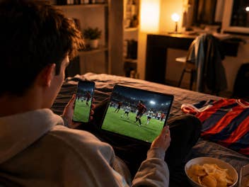 Ein Jugendlicher schaut Fußball auf Handy und Tablet