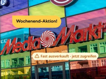MediaMarkt-Logo daneben der Hinweis auf aktuelle Wochenend-Angebote, die bald ausverkauf sein können
