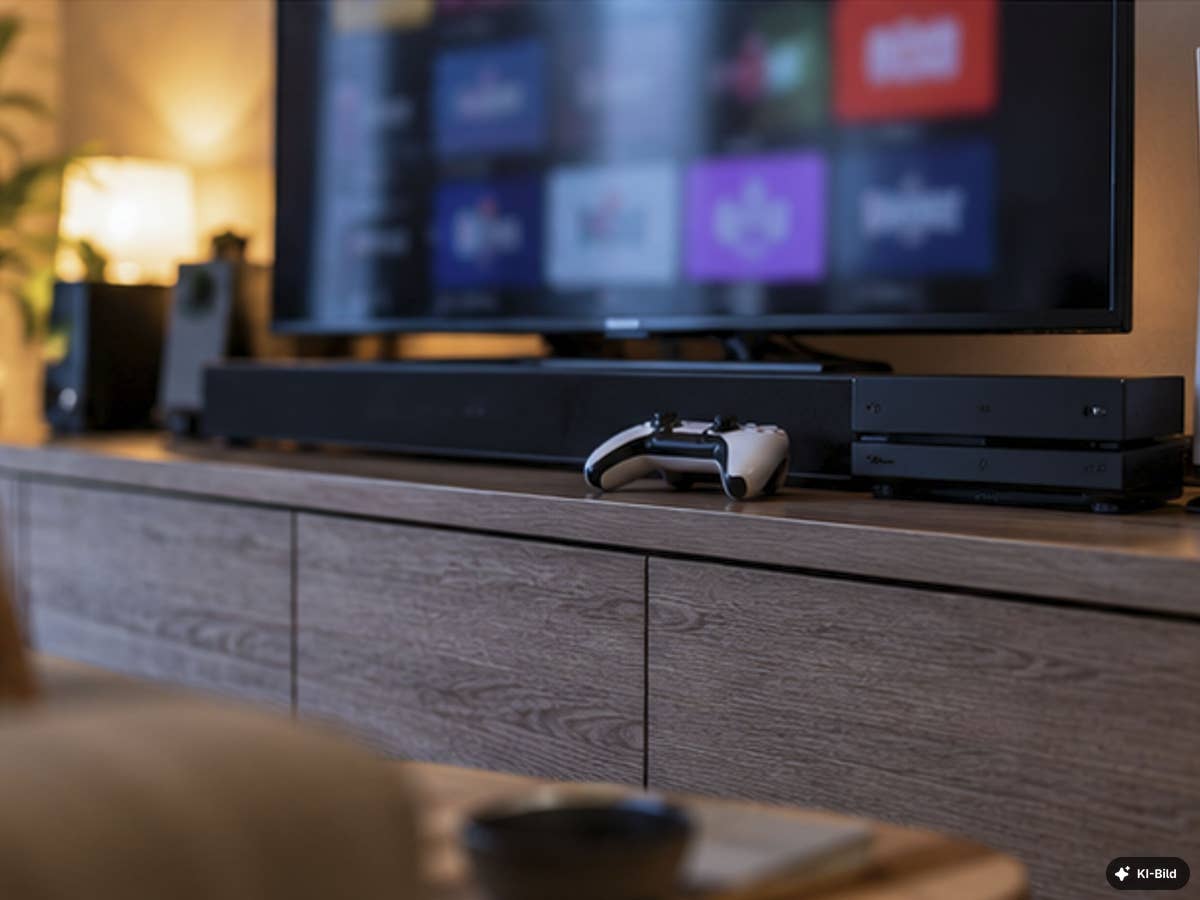 Ein Switch behebt die Netzwerk-Probleme im Wohnzimmer Ein Wohnzimmer-Setup: Fernseher mit Spielkonsole und weiterer Technik