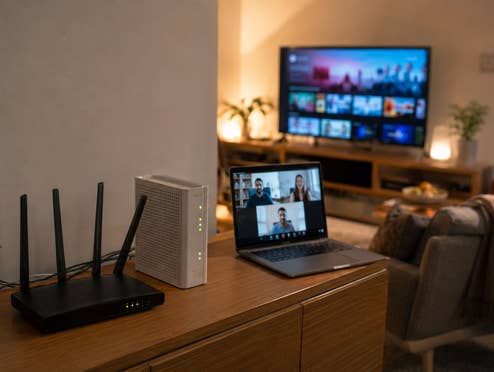 Glasfaser mit 50 Mbit/s: Warum ist das so schwierig Blick in ein Wohnzimmer mit Router, Laptop und TV
