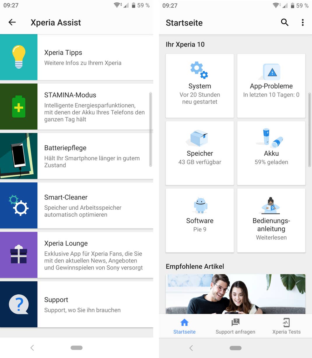 Screenshot der Xperia-Apps des Sony Xperia 10.
