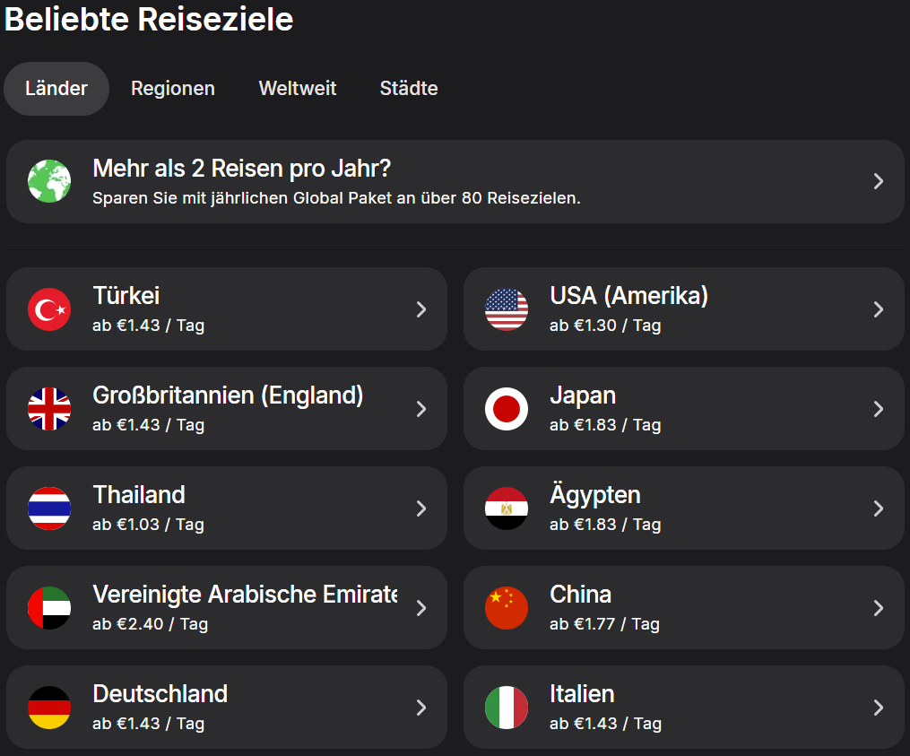 Yesim bietet passende Travel-eSIM-Tarife für rund 200 Länder