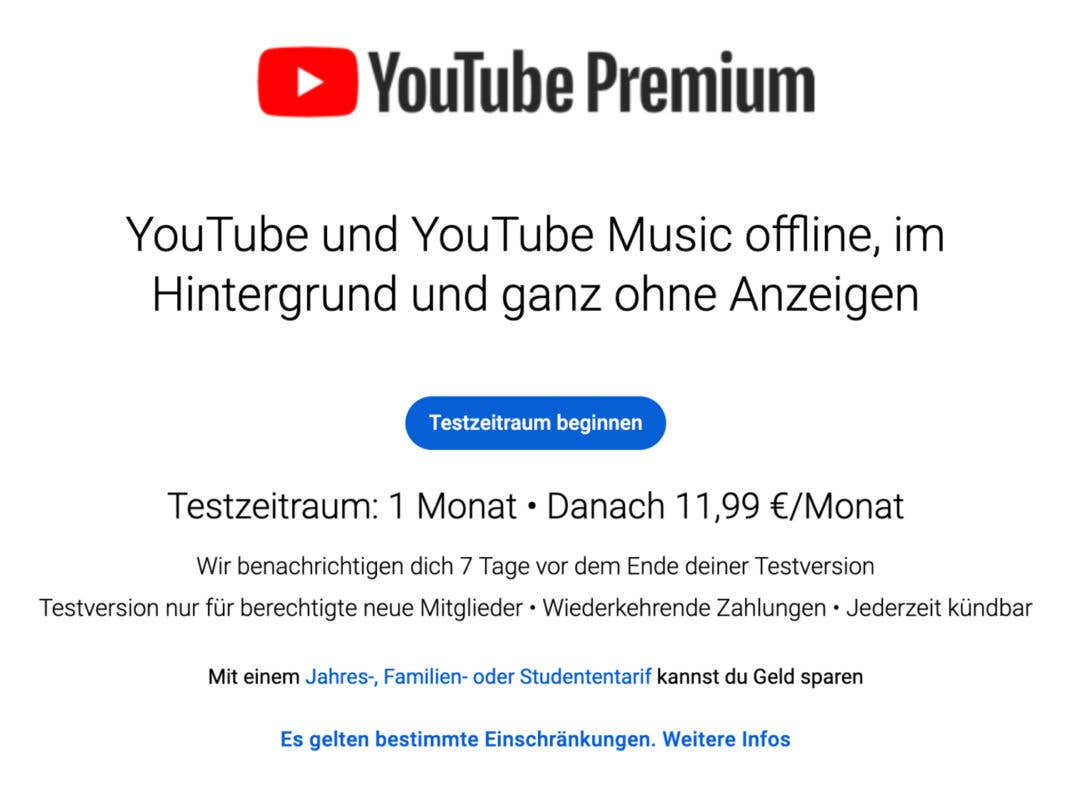 Derzeit kostet YouTube Premium in Deutschland noch 11,99 Euro im Monat