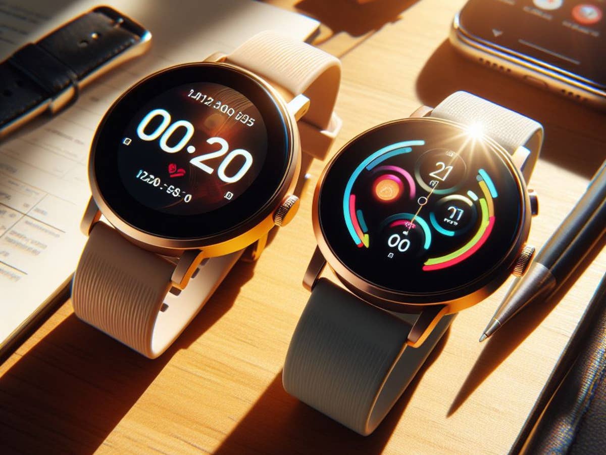 Smartwatches liegen im Sonnenlicht auf einem Schreibtisch.