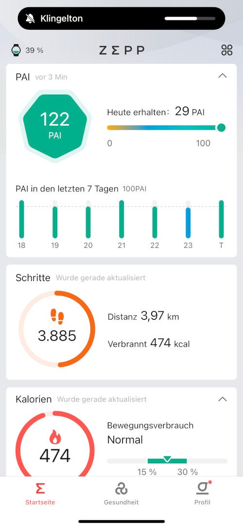 Startseite der Zepp Health App.