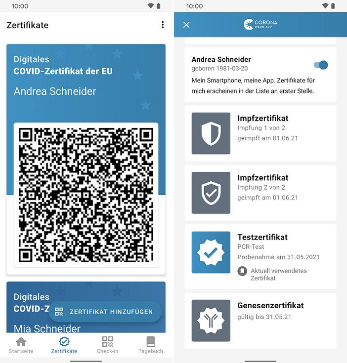 Screenshot davon, wie Zertifikate in der Corona-App gesammelt werden können