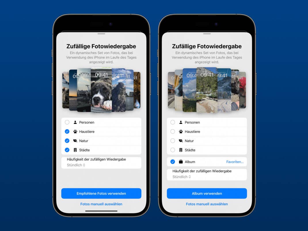 Die Optionen für die „Zufällige Fotowiedergabe“ in iOS 17 (links) und 17.1 (rechts)